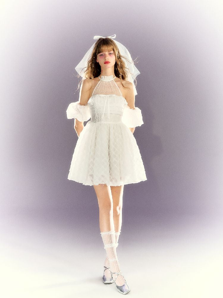 Pure White Mesh Neck Dress【s0000009314】