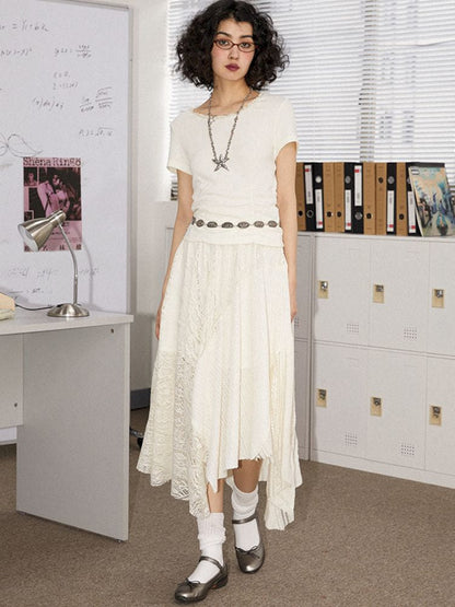 Round Lace Neck Jacquard Pleated Short Sleeve T-Shirt【s0000008850】