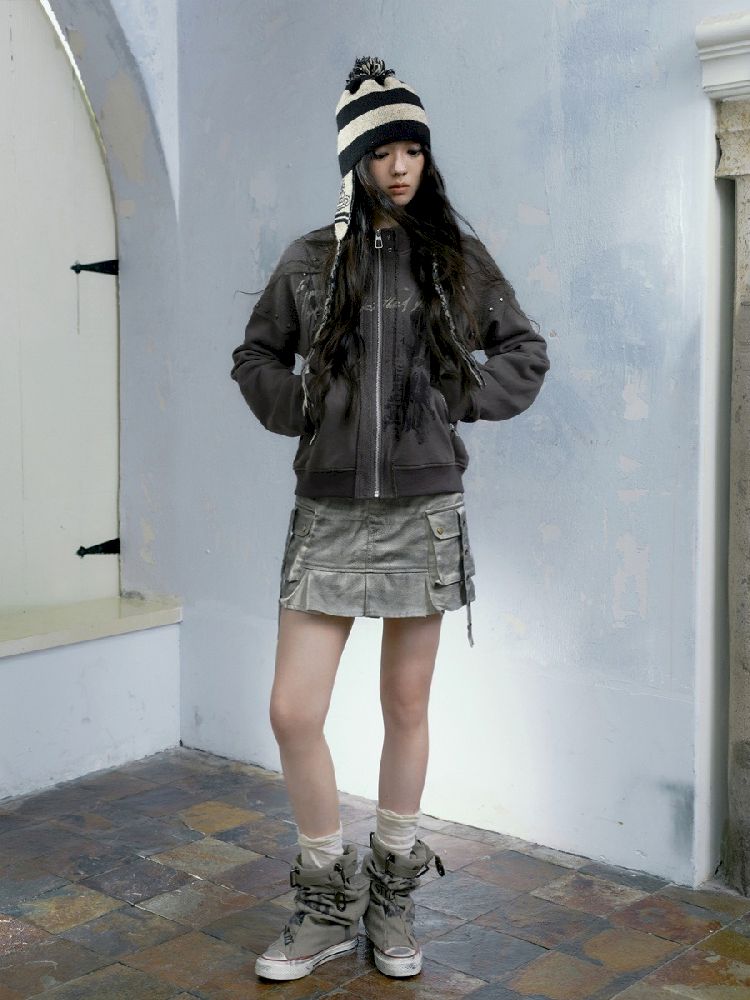 Skinny Dirty Wash Workwear Pleated Half Skirt【s0000005238】
