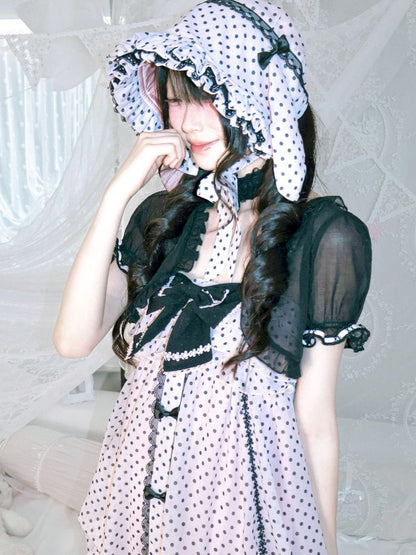 Polka dot strapless dress/chiffon bow jacket