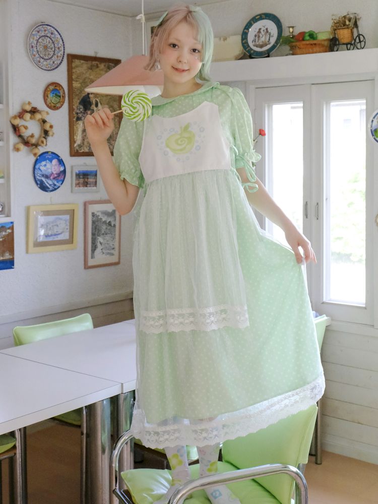 Doll Neck Green Polka Dot Cute Girls Dress【s0000009083】