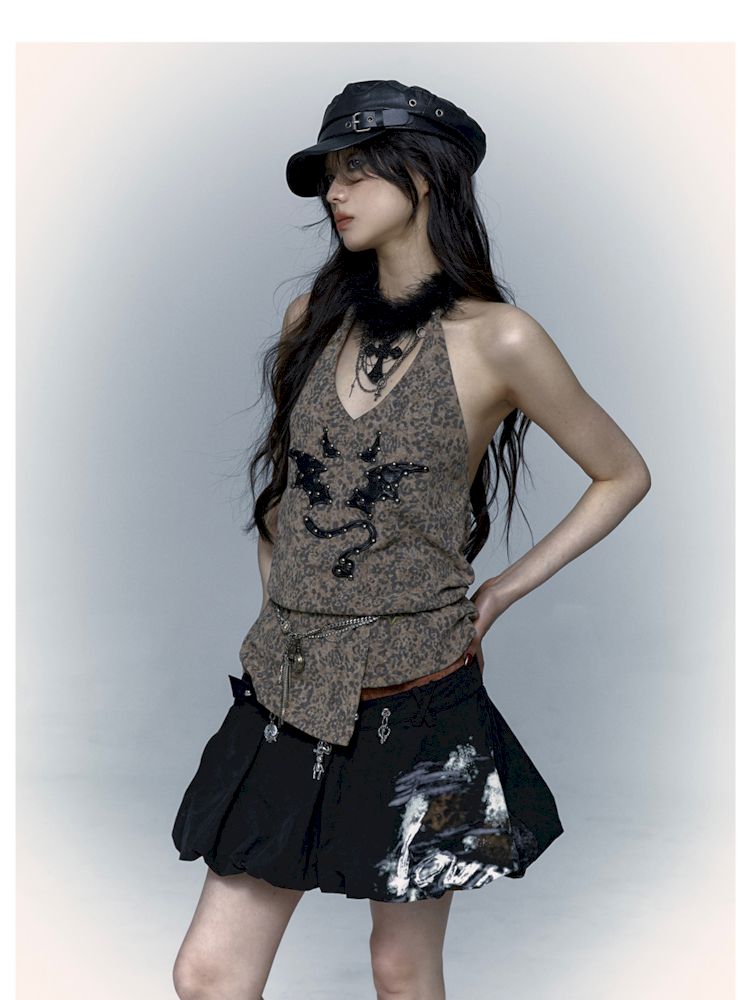 Embroidered Leopard Print Hanging Neck Vest Camisole【s0000009009】