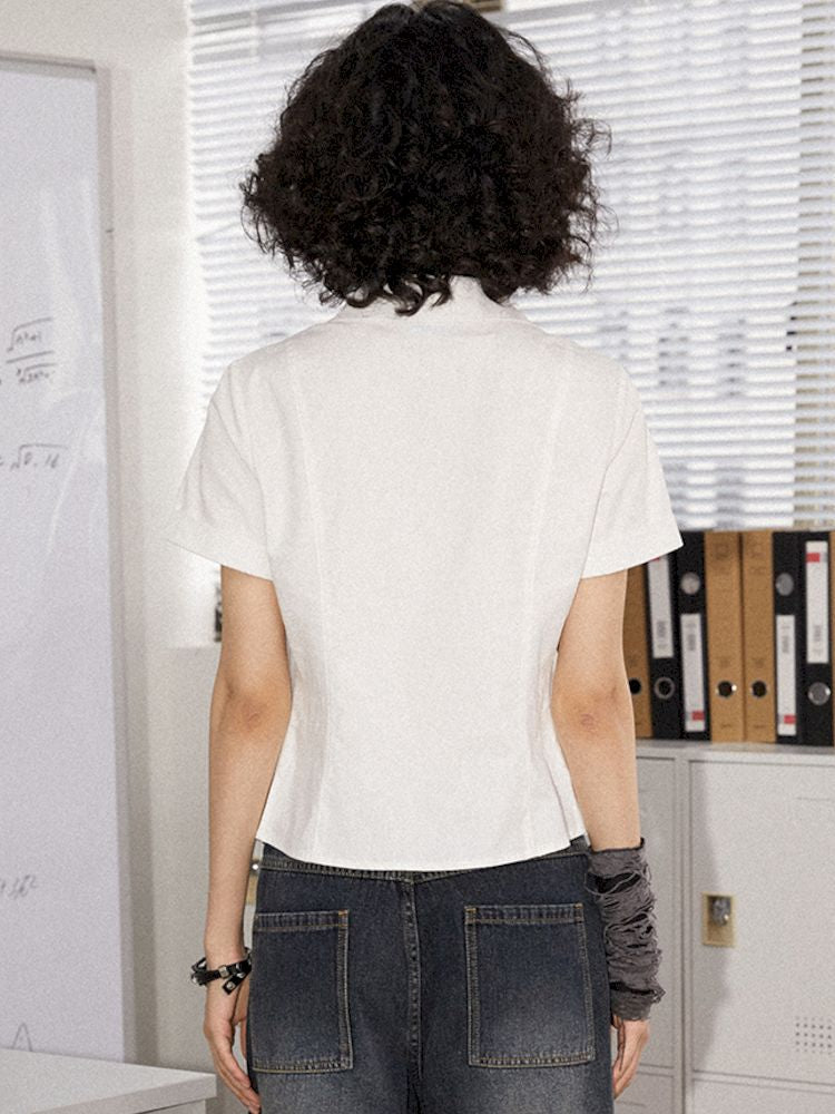 Printed Pinch Pleat Positive Shoulder Short Sleeve Shirt【s0000008834】