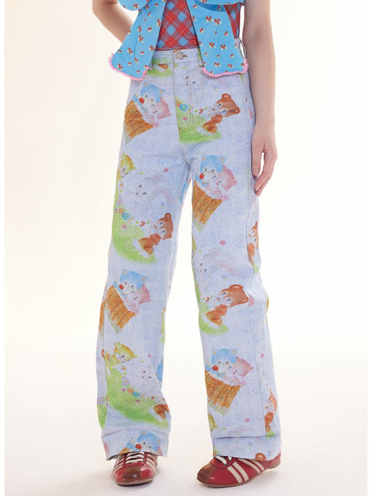 Childish animal print denim loose straight pants【s0000009780】