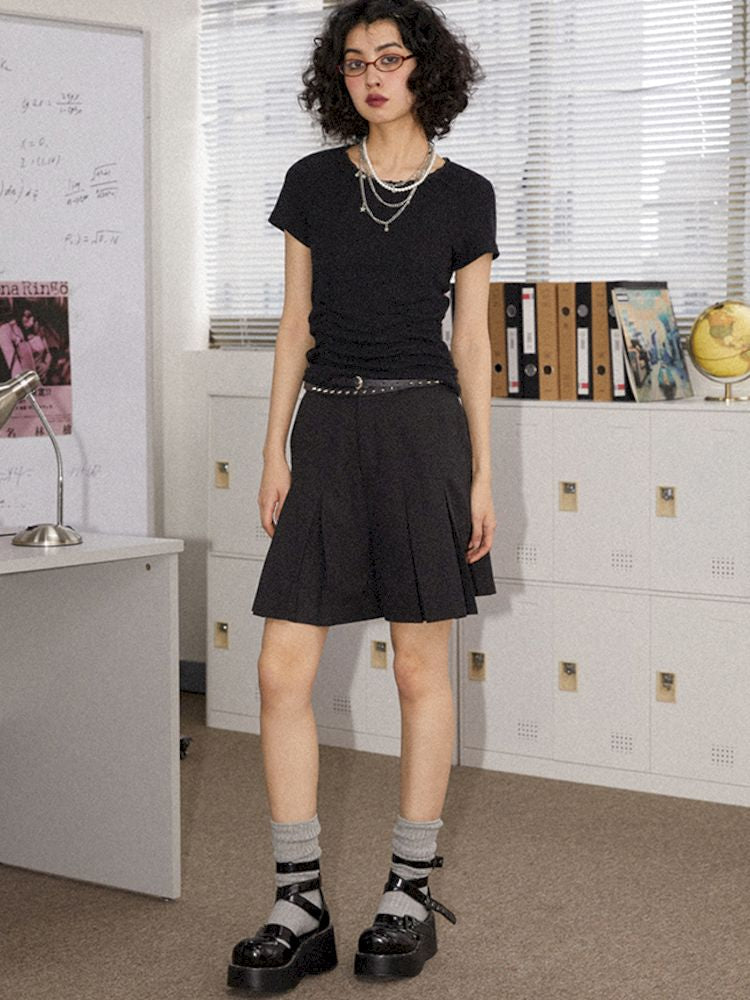 Round Lace Neck Jacquard Pleated Short Sleeve T-Shirt【s0000008850】