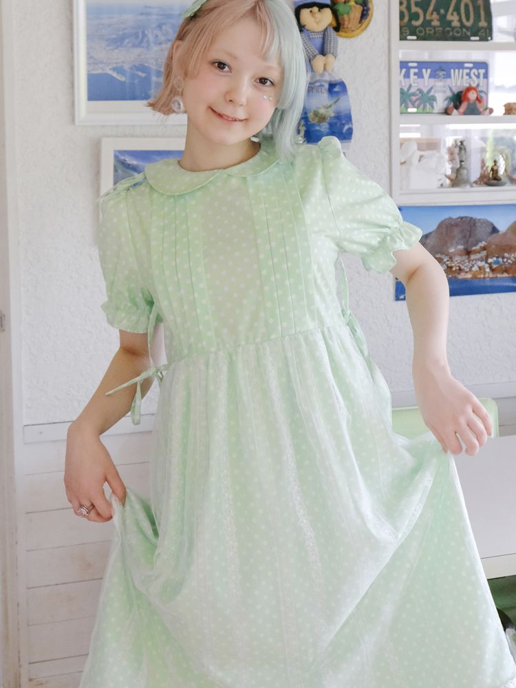 Doll Neck Green Polka Dot Cute Girls Dress【s0000009083】