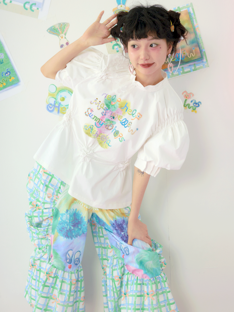 Lace Drawstring Bubble Sleeve White Tee【s0000009080】