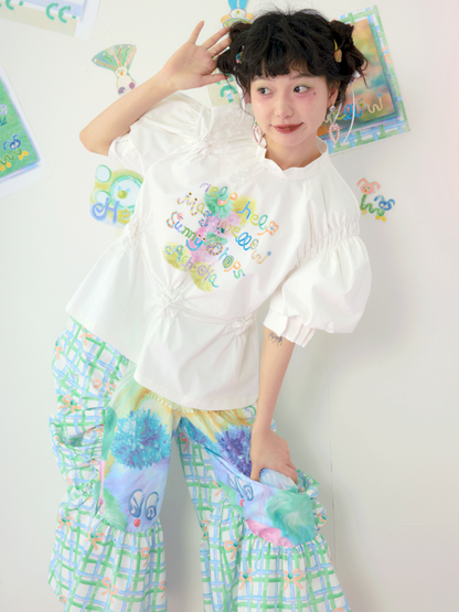 Lace Drawstring Bubble Sleeve White Tee【s0000009080】