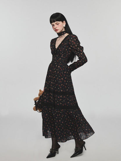 Retro bear floral lace waist long V-neck dresses【s0000004741】