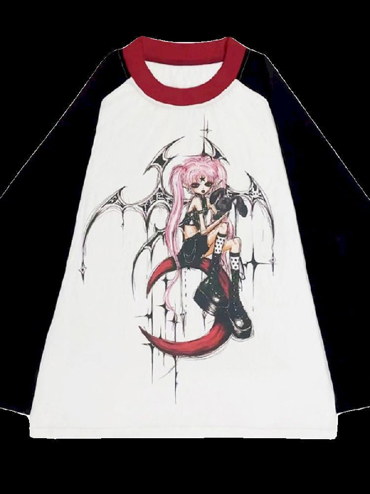 Witch Print T-Shirt with Placket Sleeve【s0000005020】