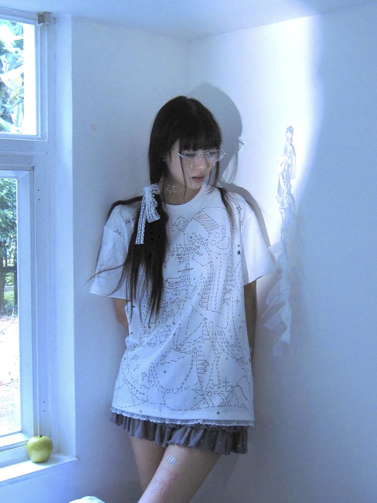 Black and white loose lace T-shirt【s0000009271】