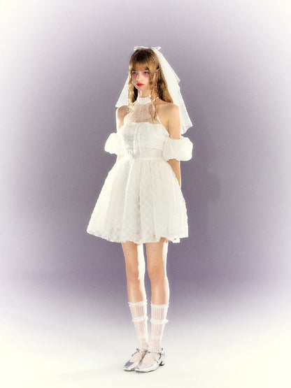 Pure White Mesh Neck Dress【s0000009314】