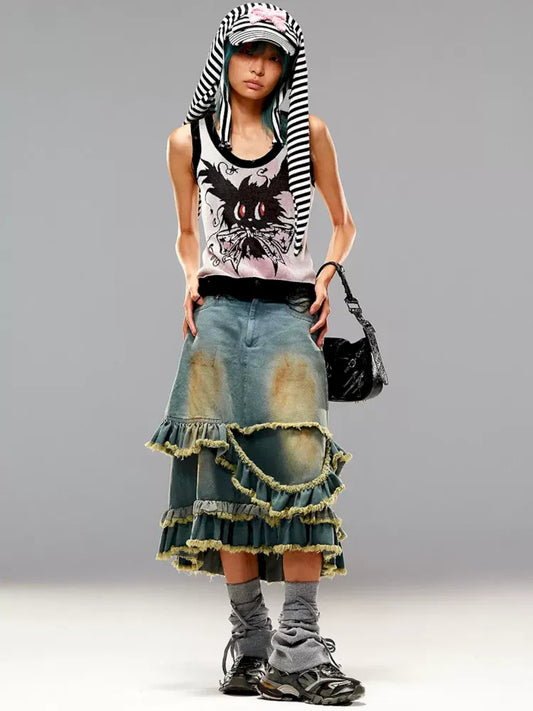 Raw Edge Mud Dye Denim Skirt【s0000009411】