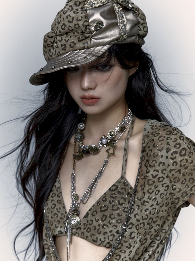 Punk Leopard Print Splicing Rivets Beret【s0000008999】