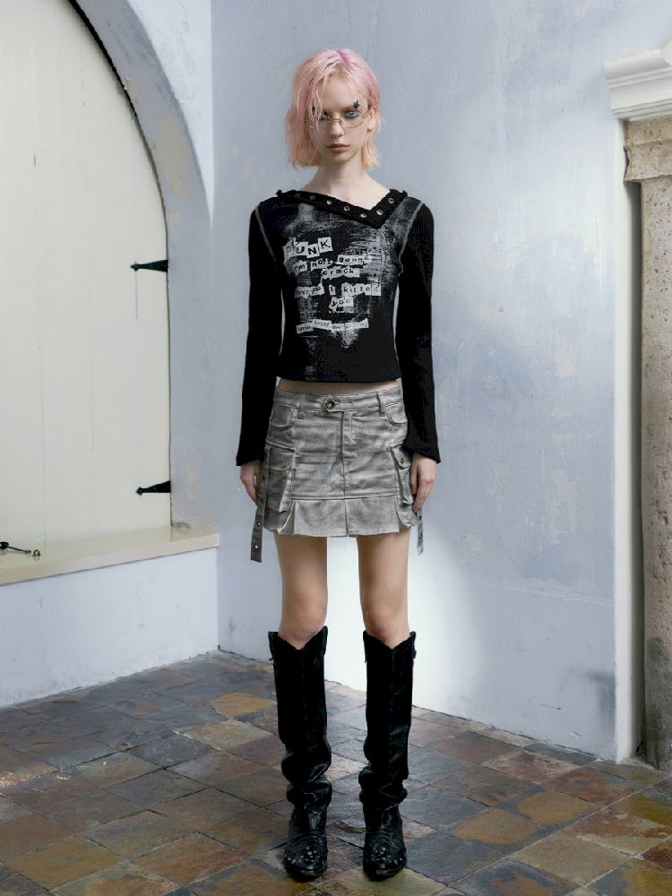 Skinny Dirty Wash Workwear Pleated Half Skirt【s0000005238】