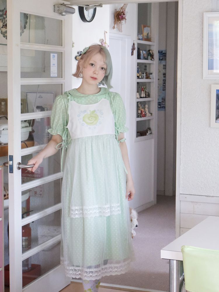 Doll Neck Green Polka Dot Cute Girls Dress【s0000009083】