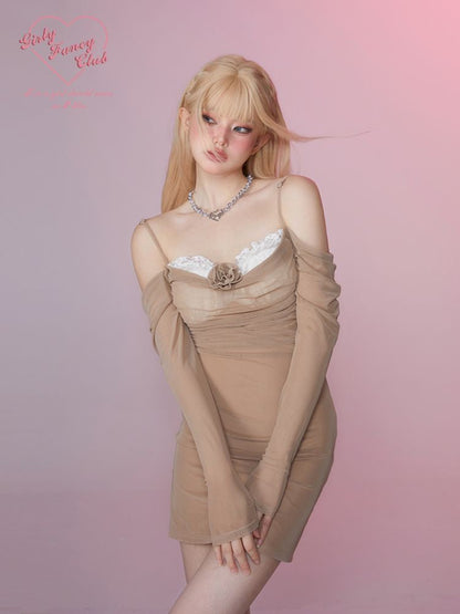 Shrink Pleated Slim Strapless Mesh Dress【s0000007858】
