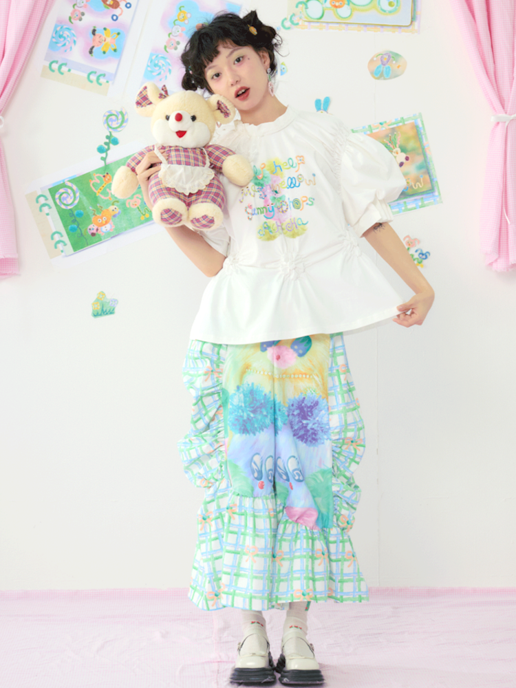 Lace Drawstring Bubble Sleeve White Tee【s0000009080】