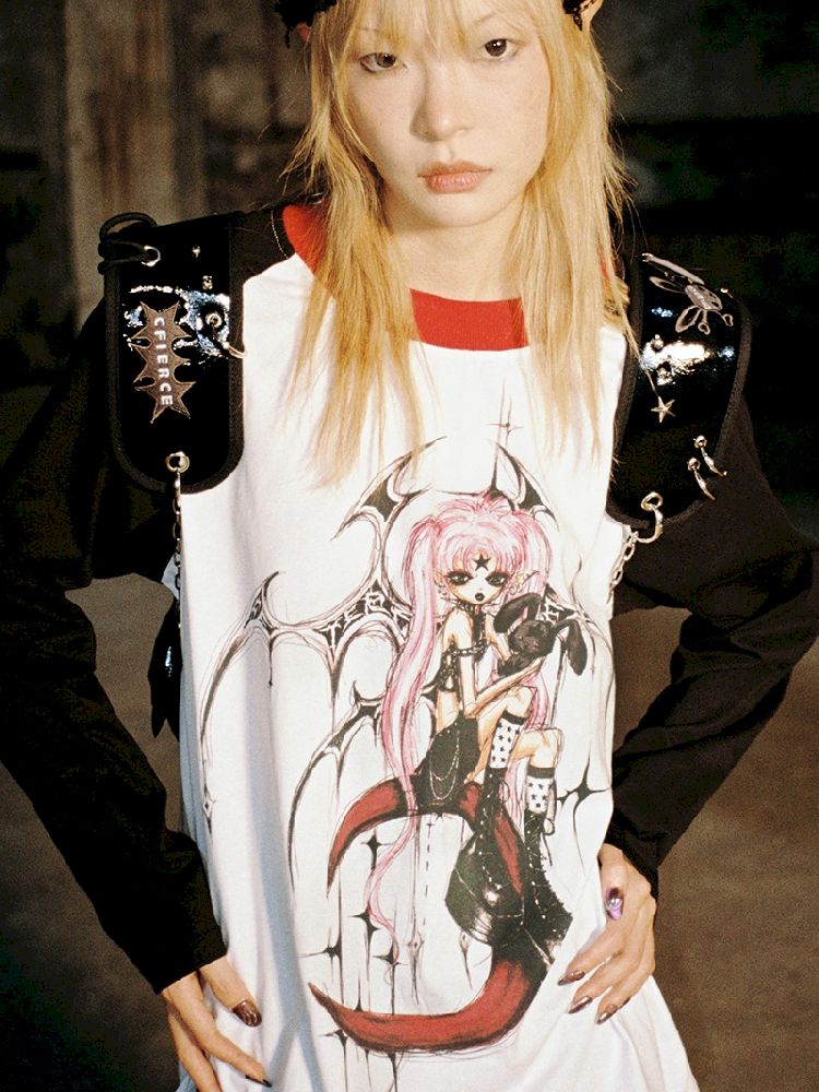 Witch Print T-Shirt with Placket Sleeve【s0000005020】