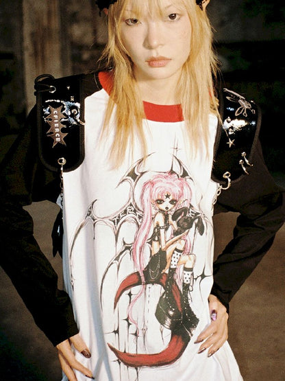 Witch Print T-Shirt with Placket Sleeve【s0000005020】