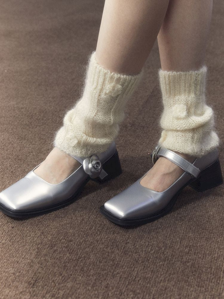 Silver Camellia Square Toe Mary Jane Leather Shoes【s0000006664】