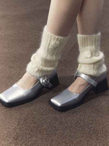 Silver Camellia Square Toe Mary Jane Leather Shoes【s0000006664】