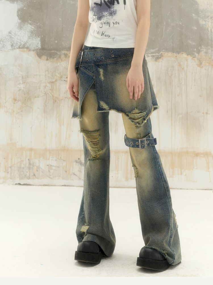 Washed and worn holes low-rise denim pants【s0000008391】