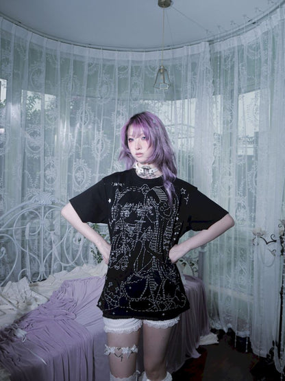 Black and white loose lace T-shirt【s0000009271】