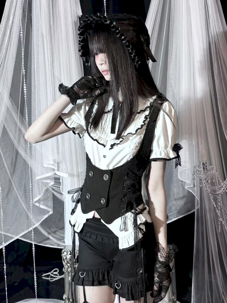 Black Vest Lace Shorts Set【s0000012021】