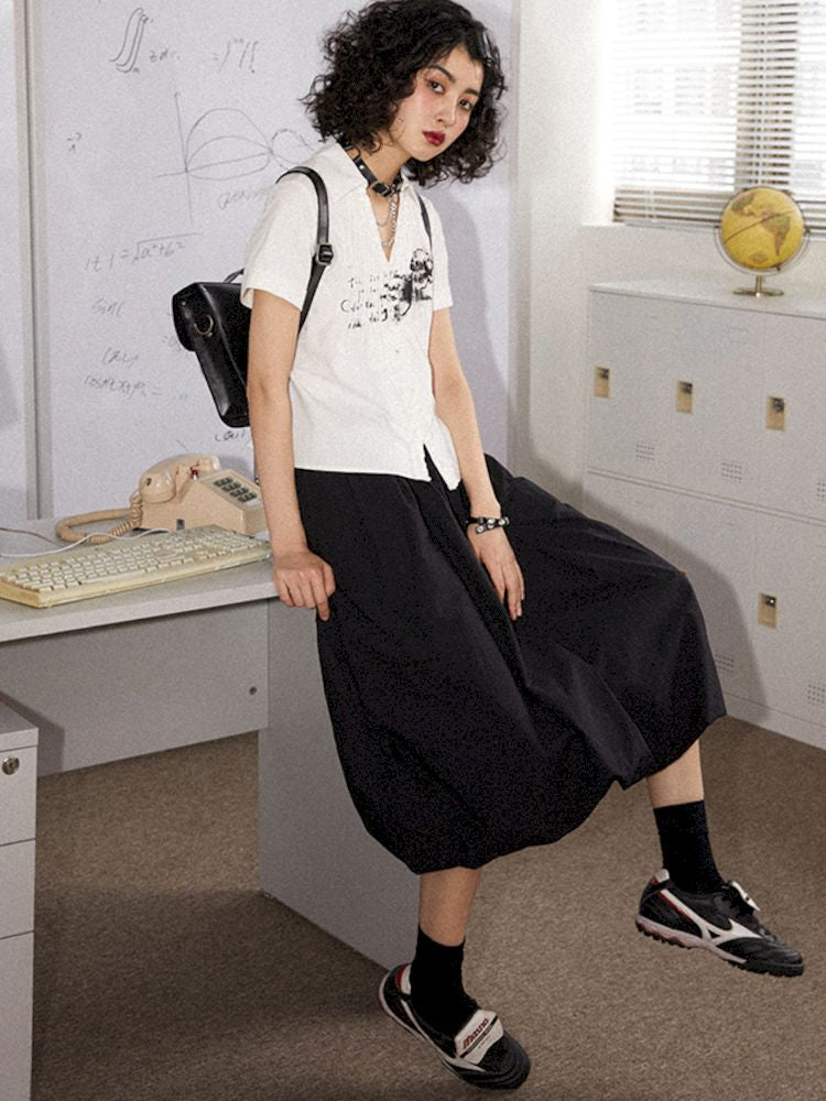 Printed Pinch Pleat Positive Shoulder Short Sleeve Shirt【s0000008834】