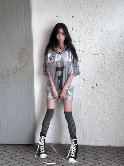 Satin Patchwork Street Oversize Jersey T-Shirt【s0000008498】