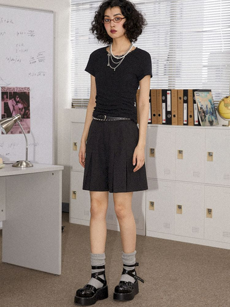 Round Lace Neck Jacquard Pleated Short Sleeve T-Shirt【s0000008850】