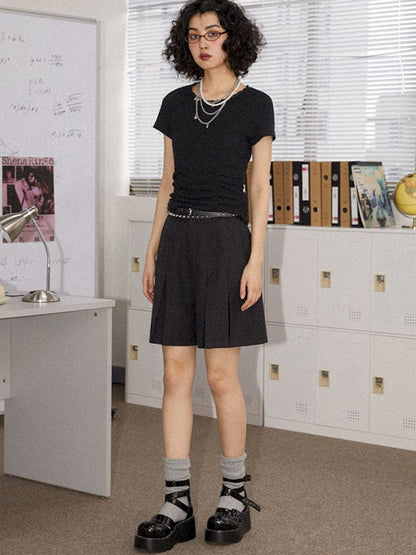 Round Lace Neck Jacquard Pleated Short Sleeve T-Shirt【s0000008850】