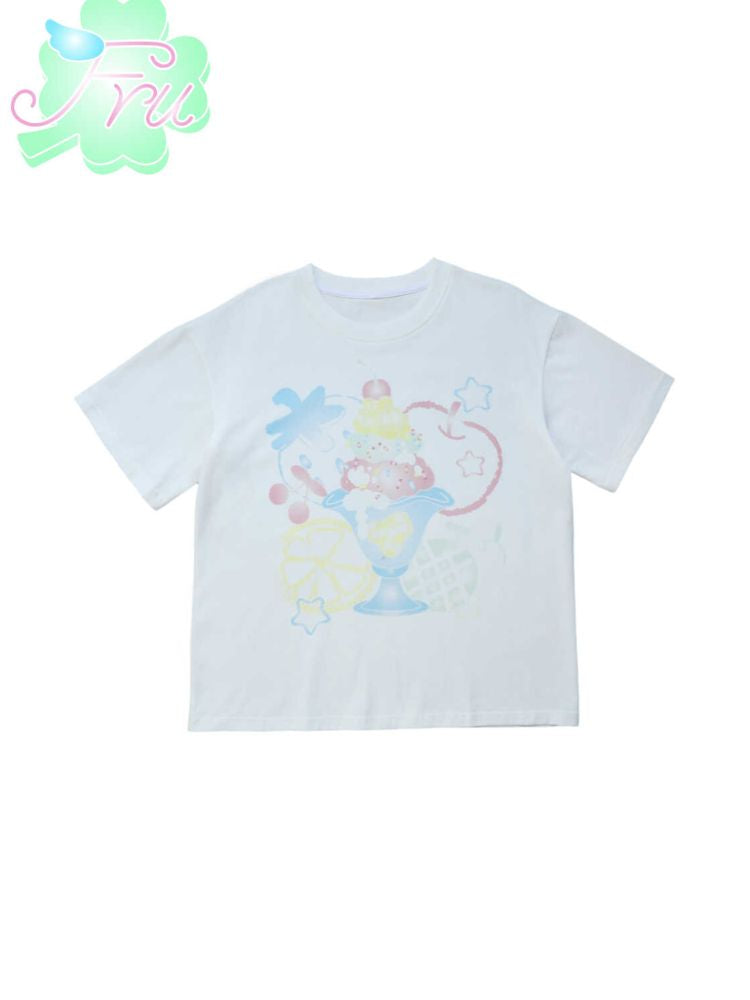 White Cartoon Printed Girls Short Sleeve T-Shirt【s0000009089】