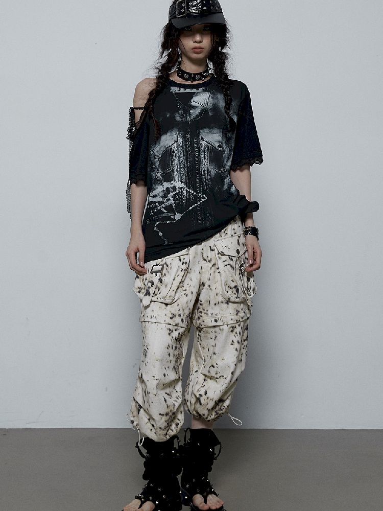 Spliced Lace Strapless Loose Slim Short Sleeve T-Shirt【s0000009383】