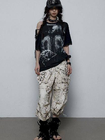 Spliced Lace Strapless Loose Slim Short Sleeve T-Shirt【s0000009383】