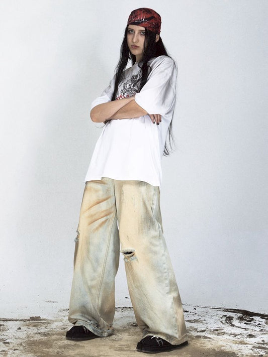 Yellow mud dyed washed and old worn holes straight jeans【s0000008491】