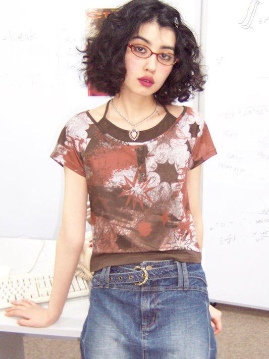 Fake two pieces full print hanging neck short sleeve T-shirt【s0000008847】