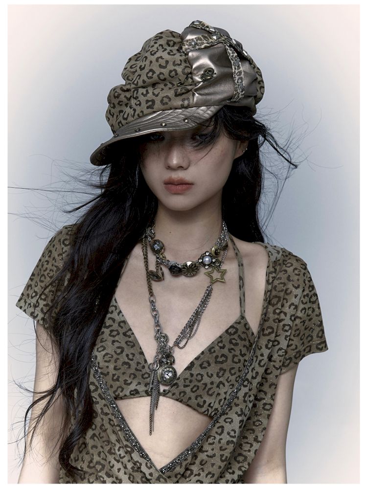 Punk Leopard Print Splicing Rivets Beret【s0000008999】