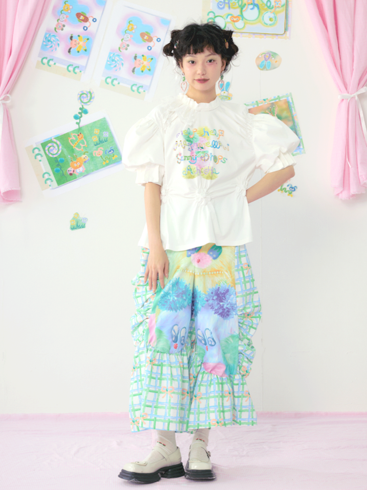 Lace Drawstring Bubble Sleeve White Tee【s0000009080】