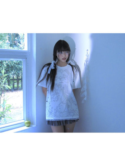 Black and white loose lace T-shirt【s0000009271】