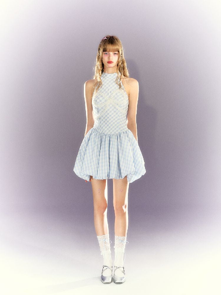 Plaid Pearl Bow Waisted Short Dress【s0000009318】