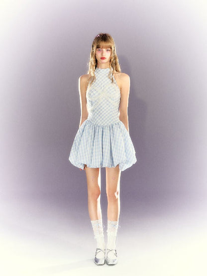 Plaid Pearl Bow Waisted Short Dress【s0000009318】