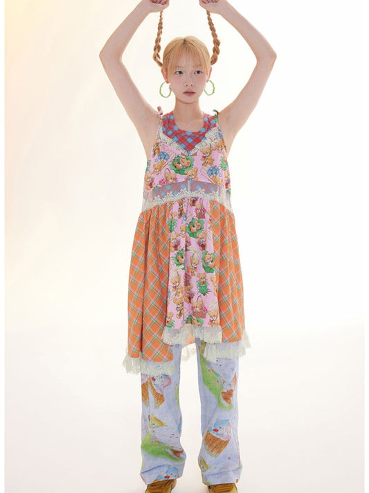 Checkered Bear Patchwork Lace Halter Dress【s0000009785】