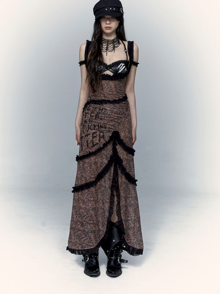 Street Rock Reversible Slim Leopard Mesh Long Dress【s0000008403】