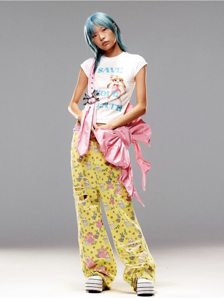 Cat Rabbit Printed Ripped Jeans【s0000008983】