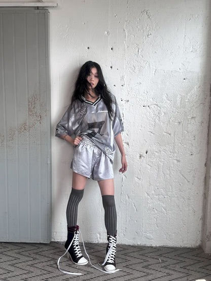 Satin Patchwork Street Oversize Jersey T-Shirt【s0000008498】