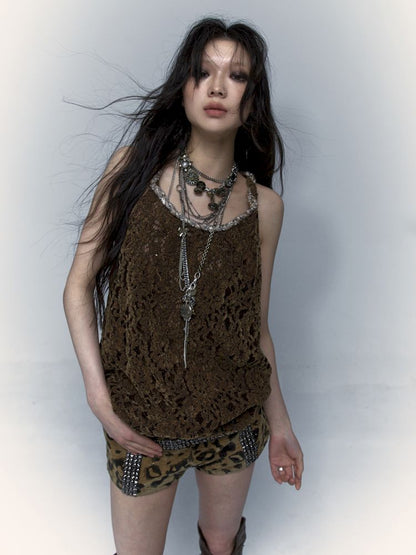 Slouchy Old Hollowed Out Loose Flocked Lace Vest【s0000008134】