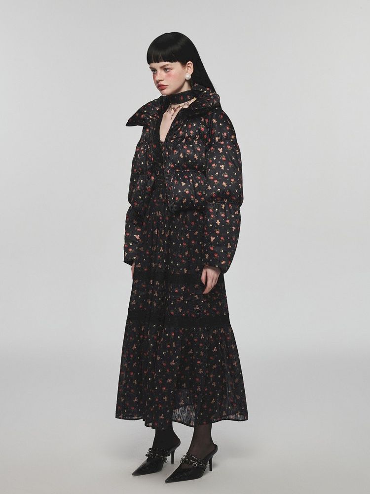 Retro bear floral lace waist long V-neck dresses【s0000004741】