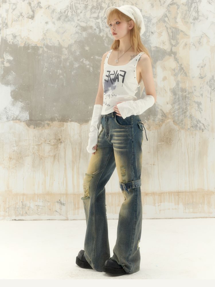 Washed and worn holes low-rise denim pants【s0000008391】